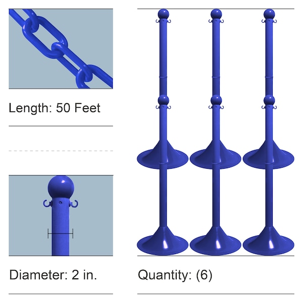 Blue Light Duty Stowable Stanchion Kit and Chain, 6PK